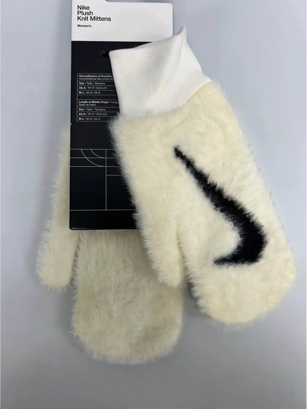 Nike Women's Plush Knit Mittens in Cream with Black Swoosh